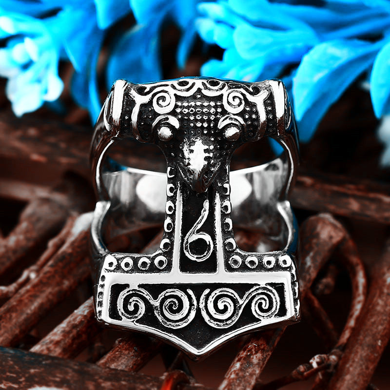 Viking Ring with Thor's Hammer in Titanium Steel