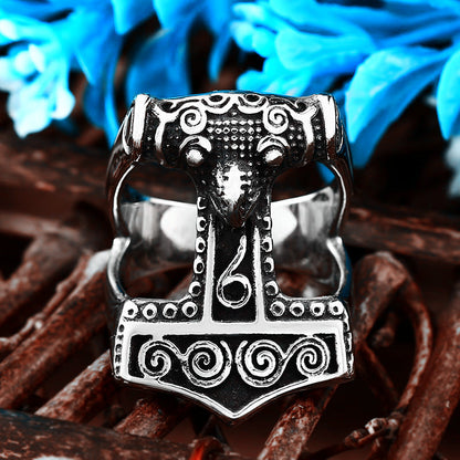 Viking Ring with Thor's Hammer in Titanium Steel