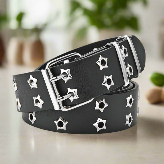 Black belt with silver star-shaped studs on a white background