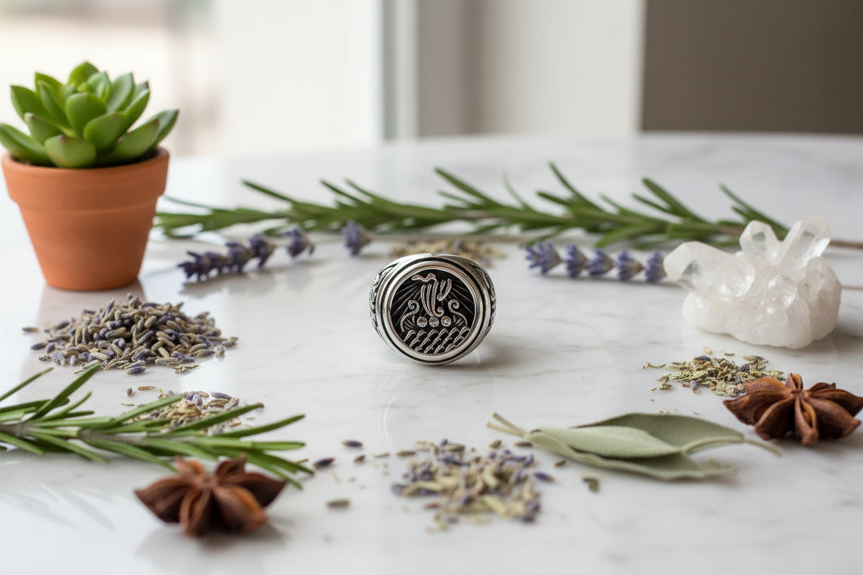 Silver ring with intricate design on a white background