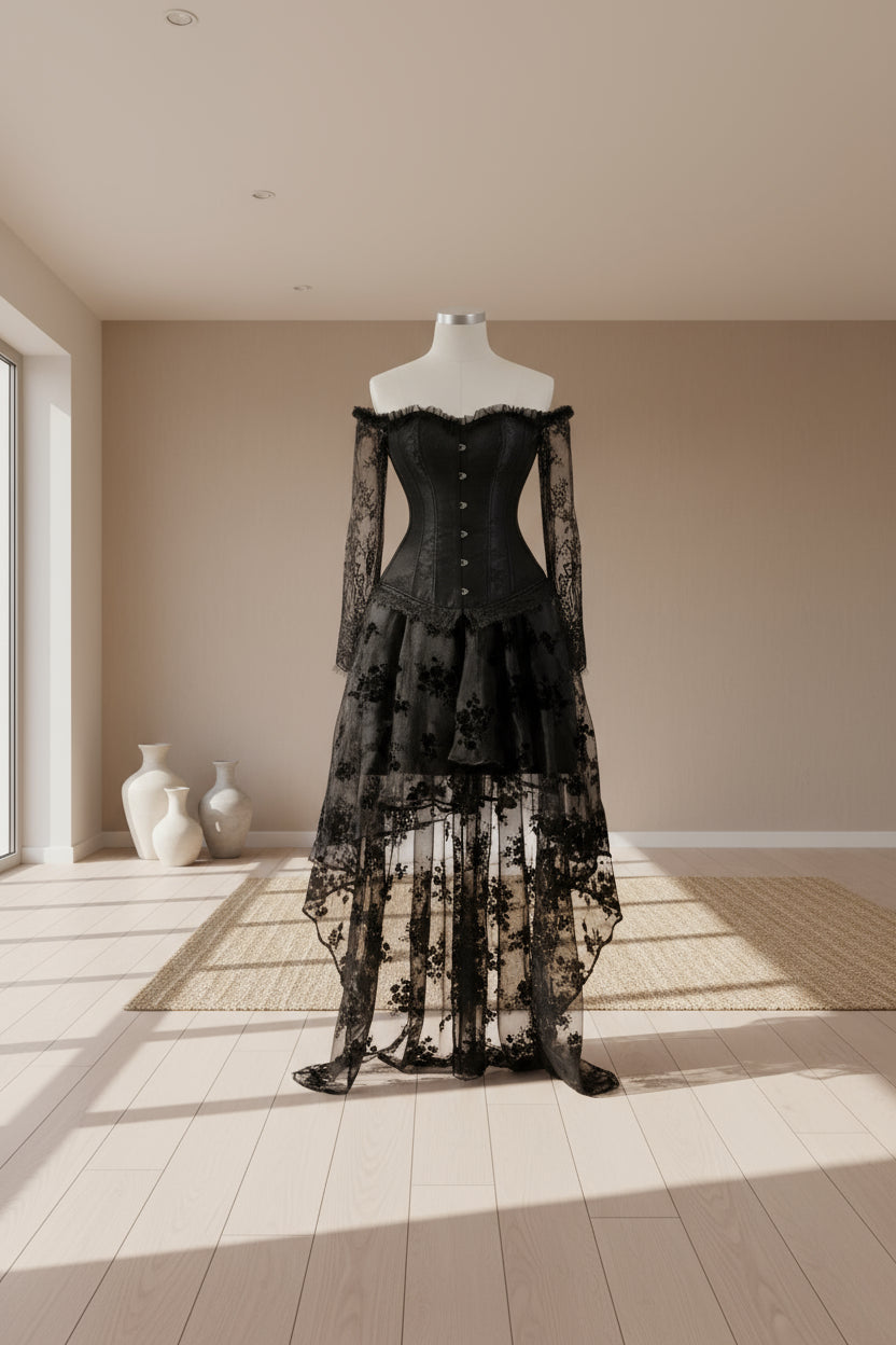 Gothic-style black dress with floral lace details on a white background