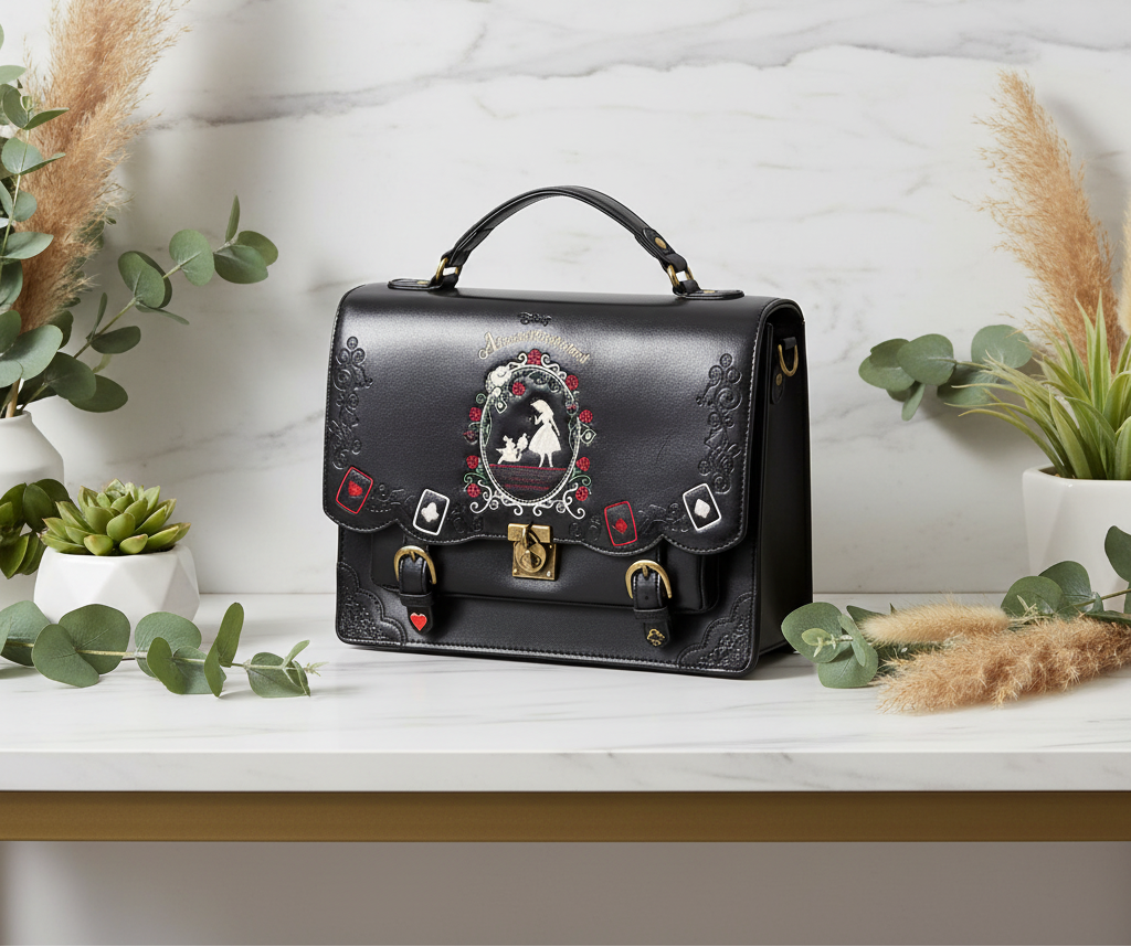 Black bag with 'Alice in Wonderland' design featuring a silhouette of a girl and dog, surrounded by hearts and playing card symbols.