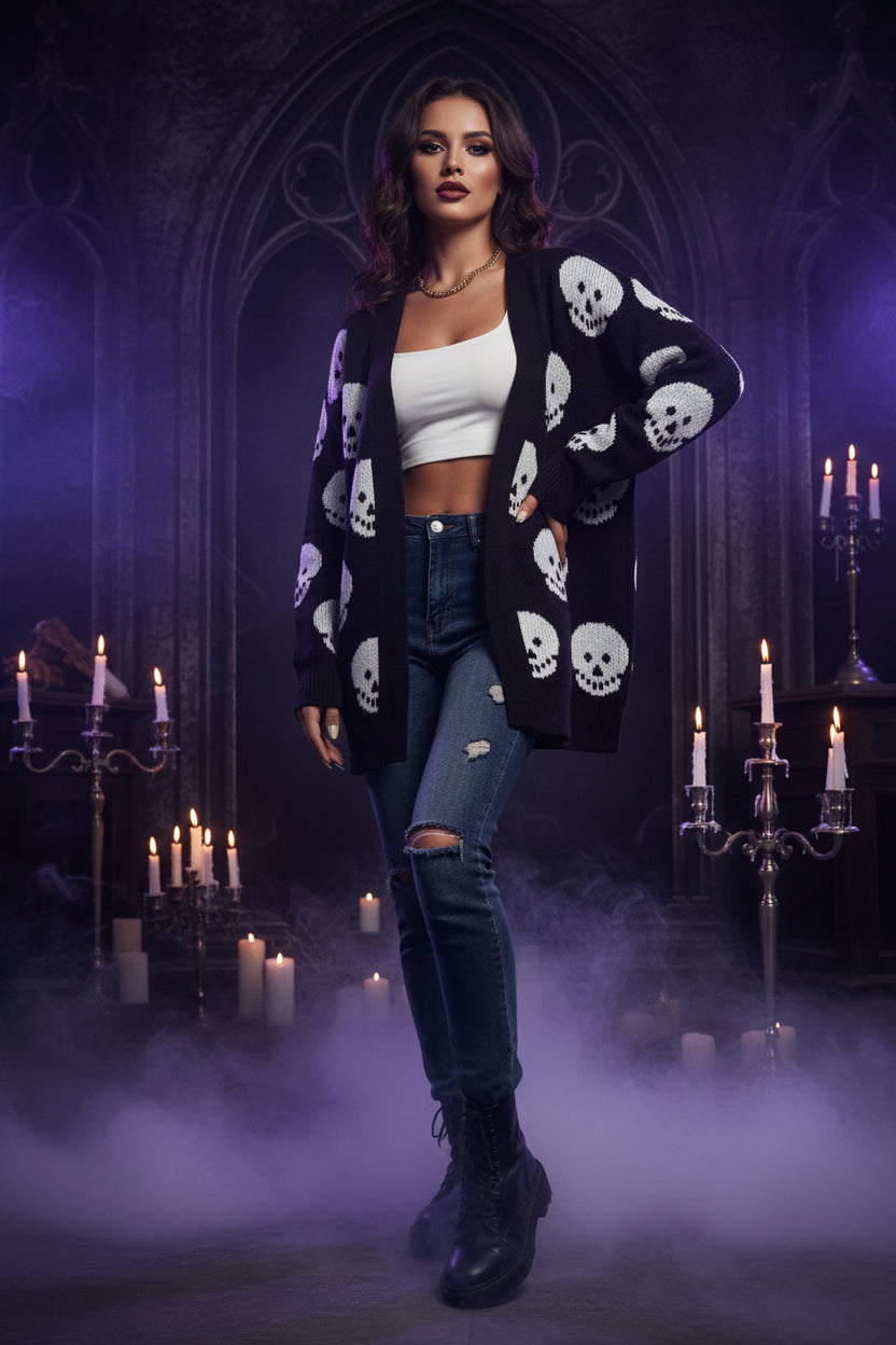 Day of the Dead Skull Jacquard Knitted Cardigan Sorceress Sanctuary