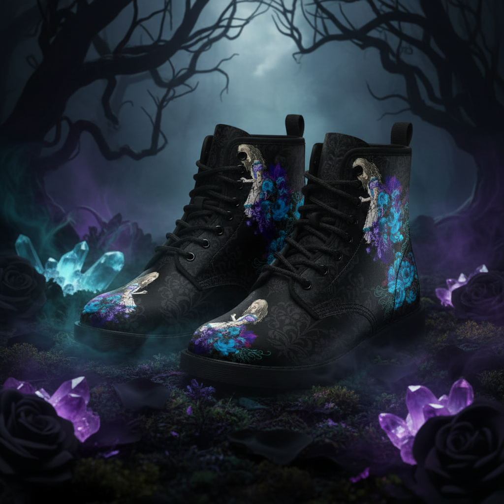 Black high-top sneakers with floral and character design on a white background