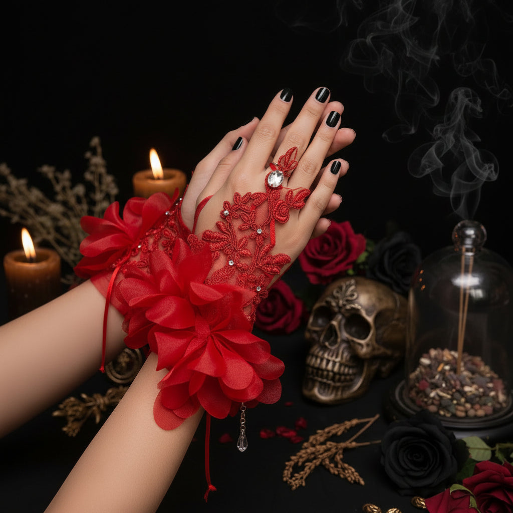 Bride Wedding Dress Gloves with Red Flowers & Lace Sorceress Sanctuary