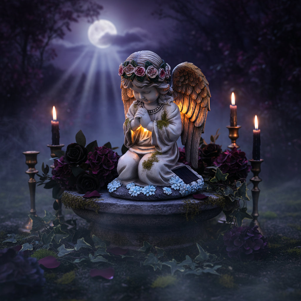 Decorative angel statue with solar light on a garden path