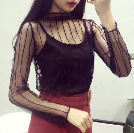 Sheer Lace Long Sleeve Crop Top Mesh Layering Piece
