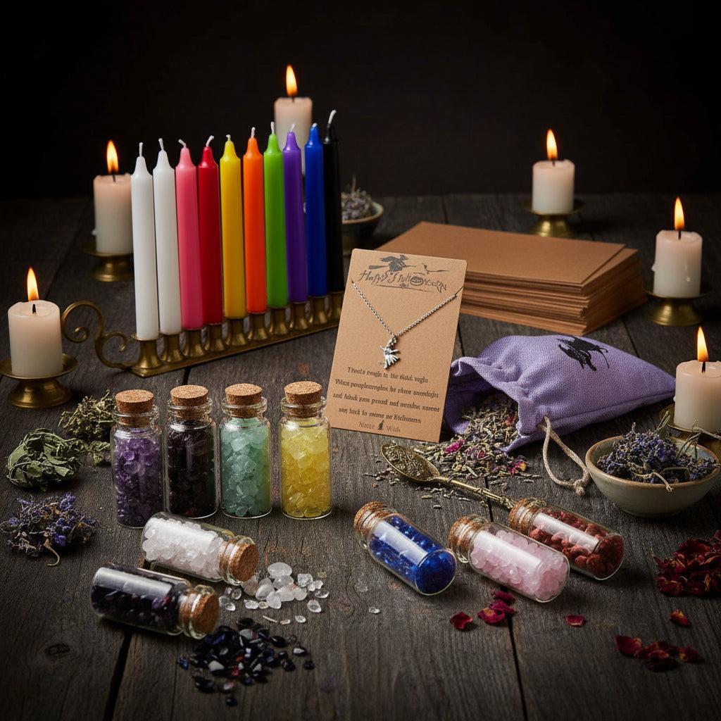 Witch starter kit with candles, stones, and other items on a white background