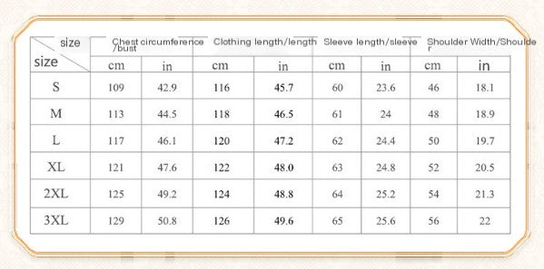 Size chart for clothing measurements including chest circumference, clothing length, sleeve length, and shoulder width.