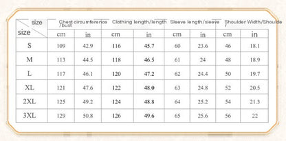 Size chart for clothing measurements including chest circumference, clothing length, sleeve length, and shoulder width.