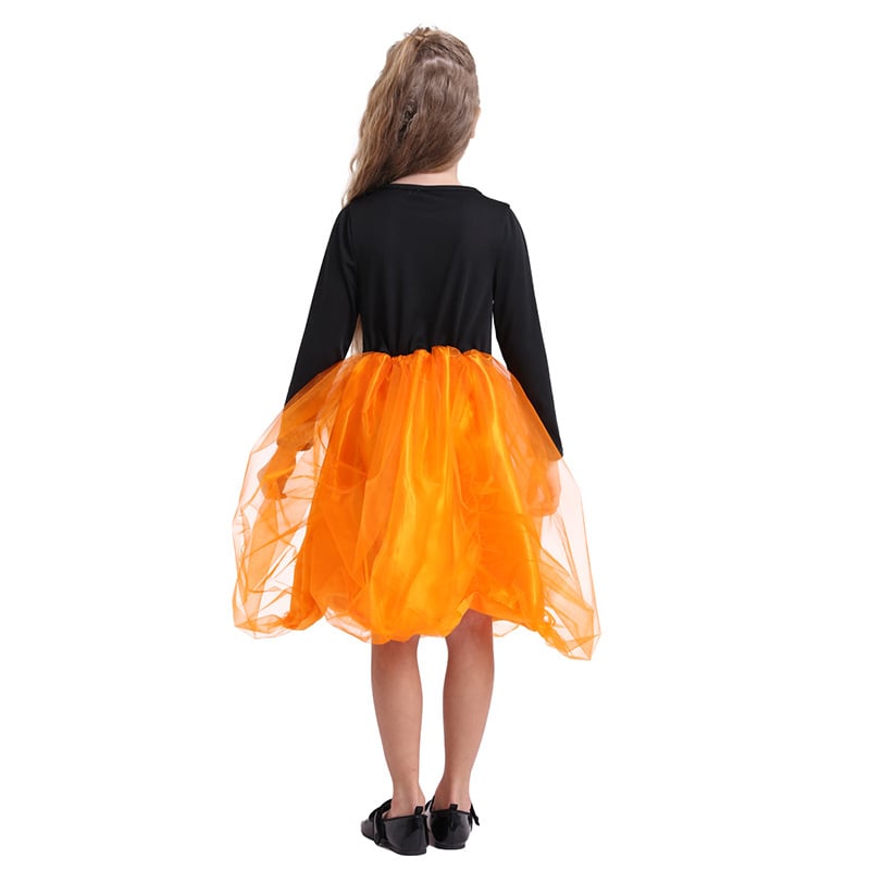 Person wearing a black top and orange tutu skirt on a white background