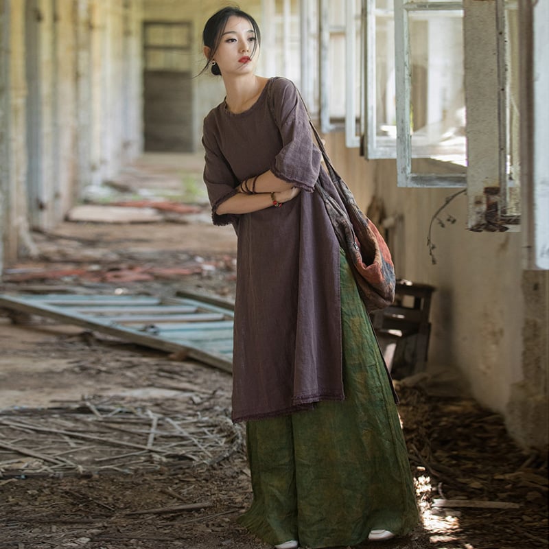 Ramie Sand Fried Zen Robe Half-Length Sleeve Dress