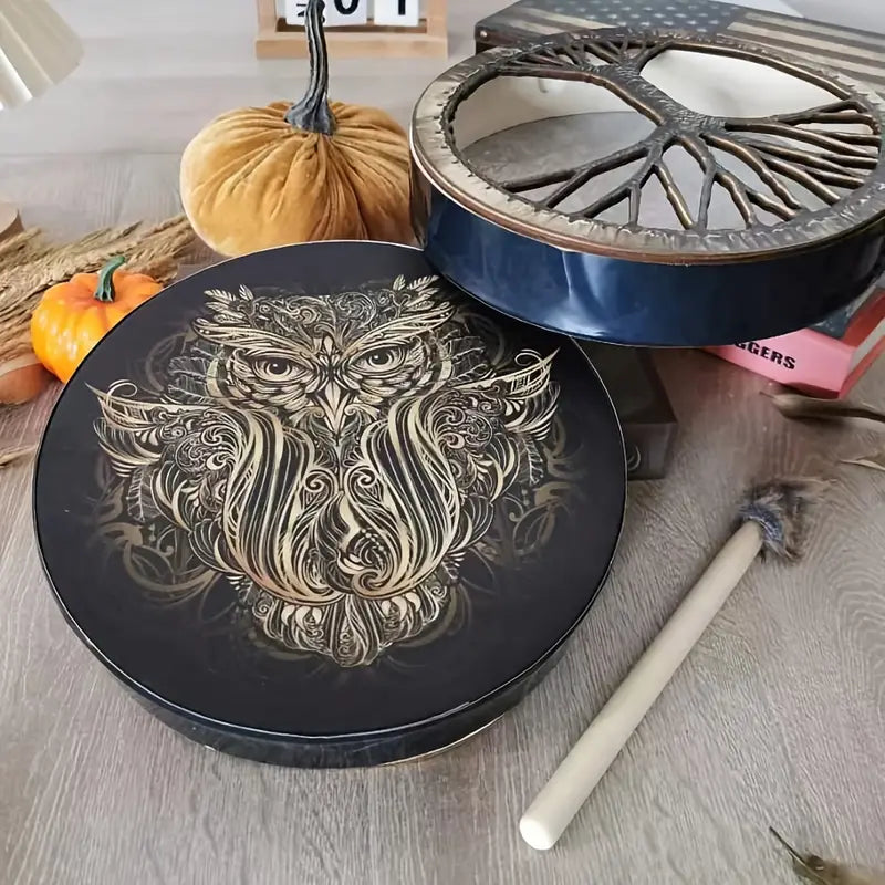 Handcrafted Shamanic Drum Set - Siberian Owl Drum Sorceress Sanctuary
