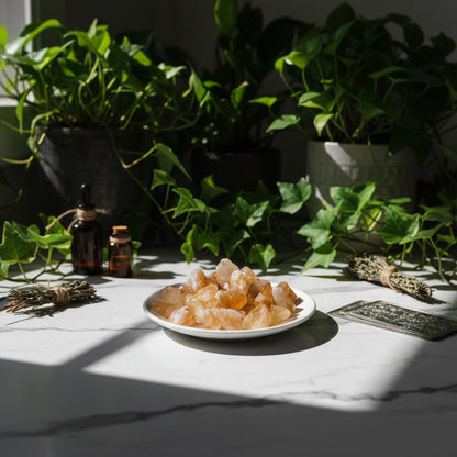 White plate with amber-colored stones on a white background