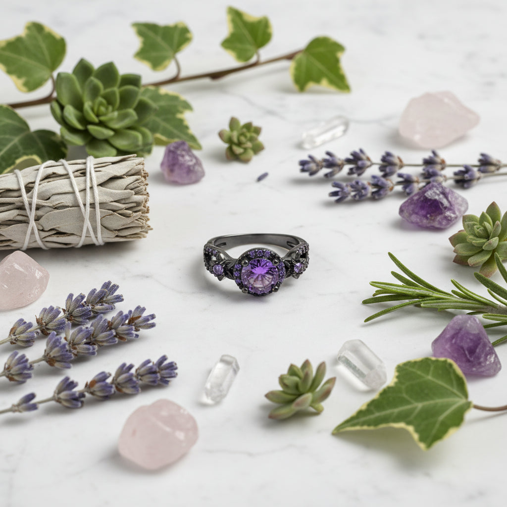 Silver ring with a purple gemstone on a white background