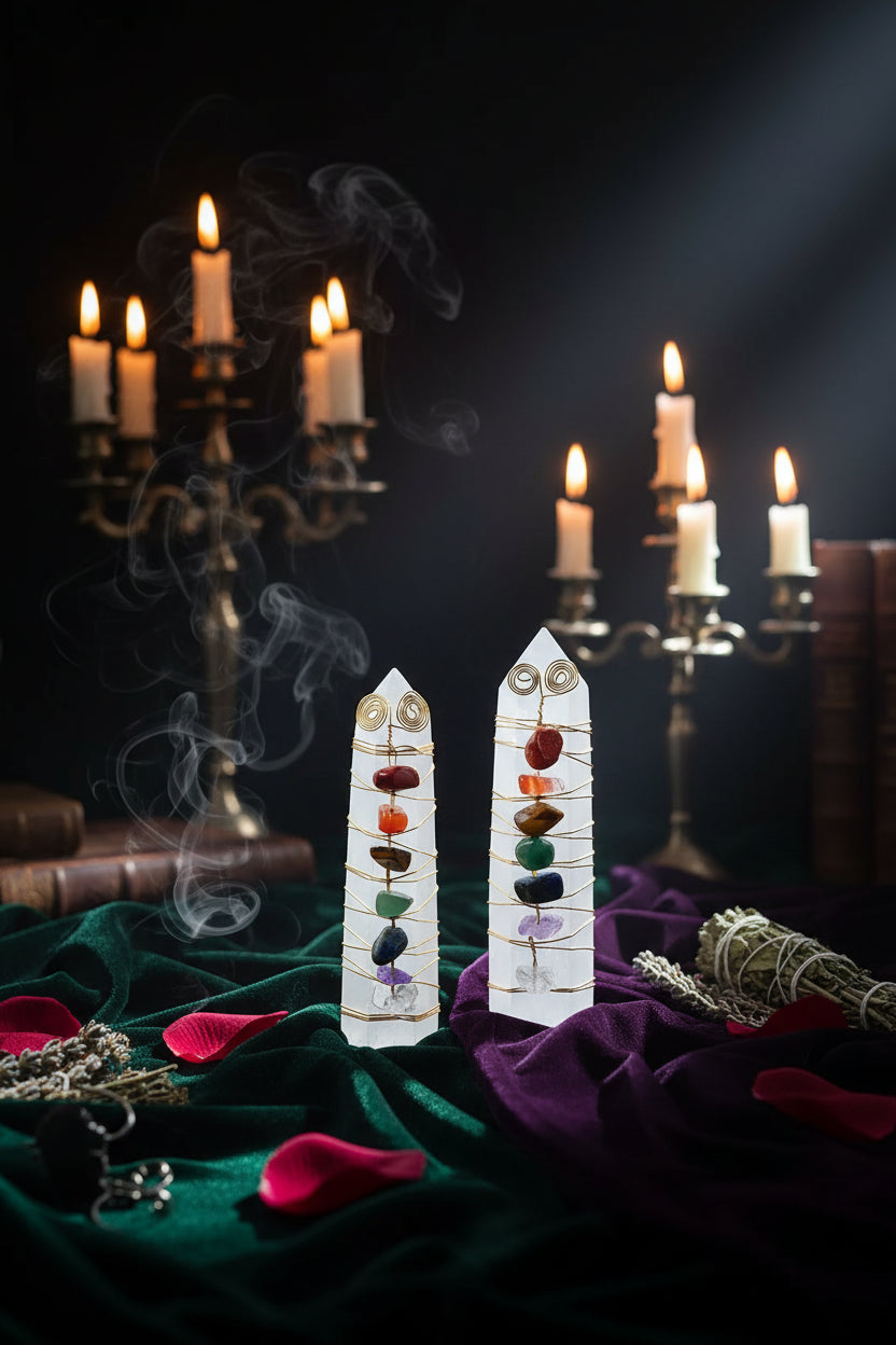 7 Chakra Crystal Pillar - Sorceress Sanctuary Seven-color gravel gold wire gypsum column-Colorful gravel silver plaster column