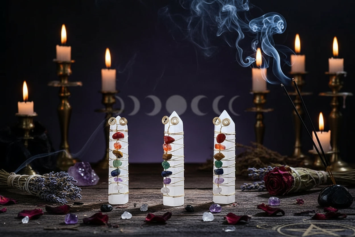 7 Chakra Crystal Pillar - Sorceress Sanctuary Seven-color gravel gold wire gypsum column-Colorful gravel silver plaster column