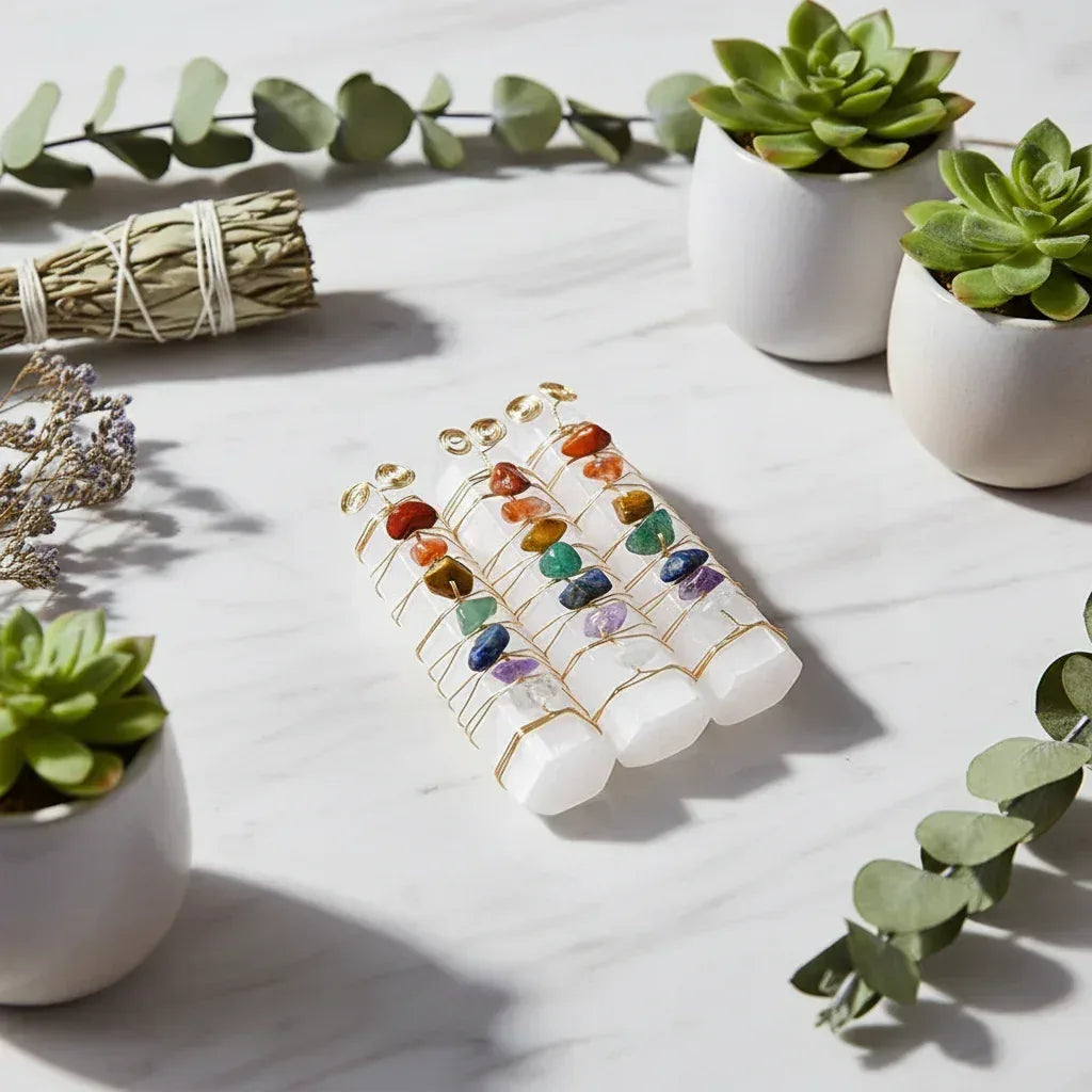 7 Chakra Crystal Pillar - Sorceress Sanctuary Seven-color gravel gold wire gypsum column-Colorful gravel silver plaster column