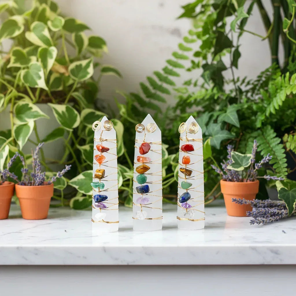 7 Chakra Crystal Pillar - Sorceress Sanctuary Seven-color gravel gold wire gypsum column-Colorful gravel silver plaster column