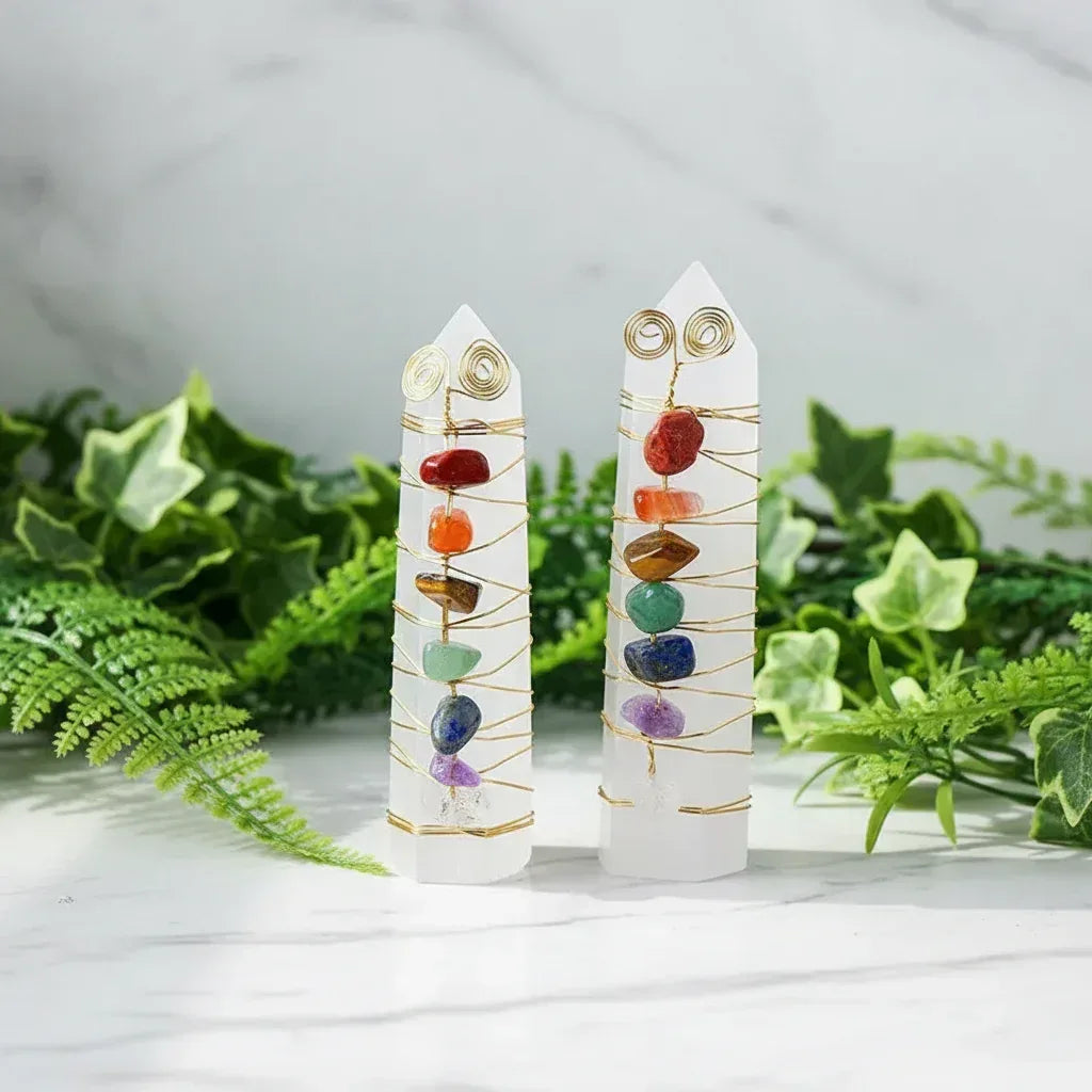 7 Chakra Crystal Pillar - Sorceress Sanctuary Seven-color gravel gold wire gypsum column-Colorful gravel silver plaster column