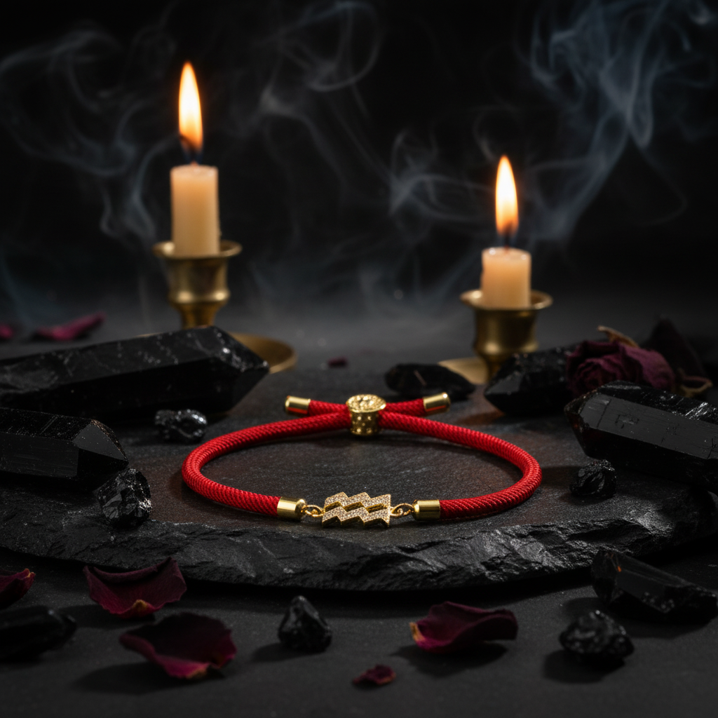 Red bracelet with gold accents on a white background