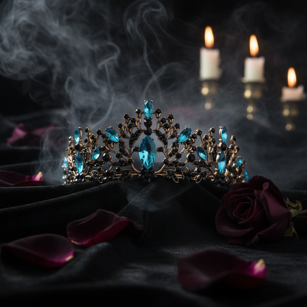 Decorative tiara with blue and black gemstones on a pink surface