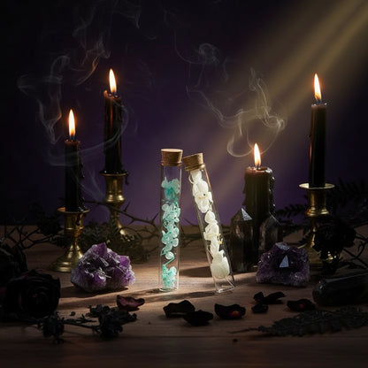 Decorative glass tubes with floral elements on a wooden surface