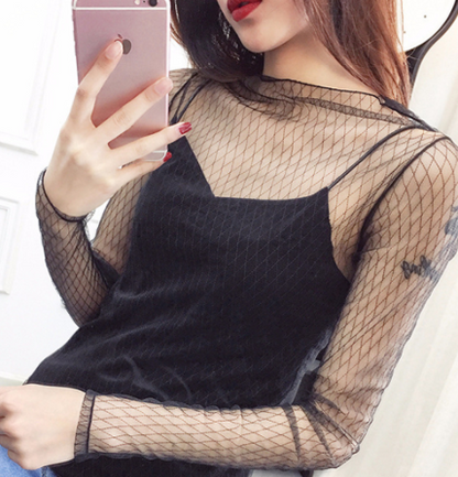 Sheer Lace Long Sleeve Crop Top Mesh Layering Piece