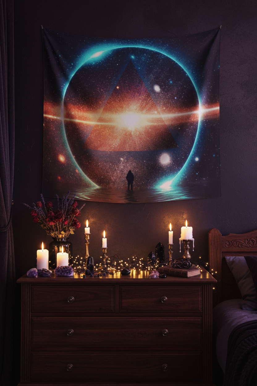 Tapestry with a cosmic design featuring a pyramid and triangular portal.
