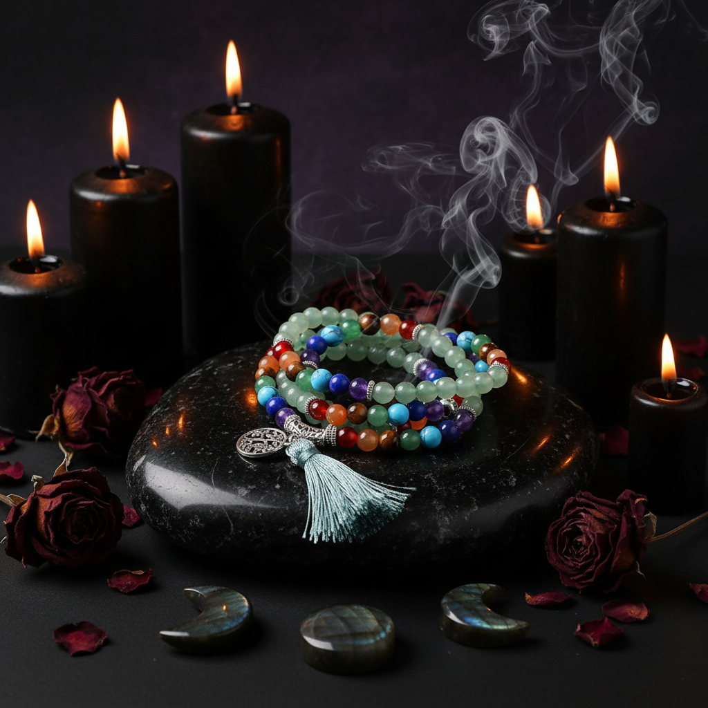 Colorful beaded bracelet with tassel on a wooden surface