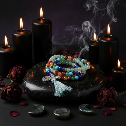 Colorful beaded bracelet with tassel on a wooden surface