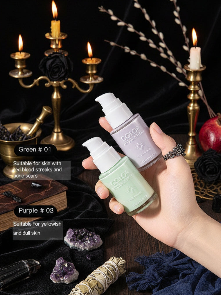 Hand holding two nail polish bottles labeled 'Green #01' and 'Purple #02' against a light background.