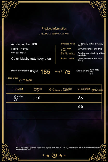 Product information sheet with text and a size chart for a garment.