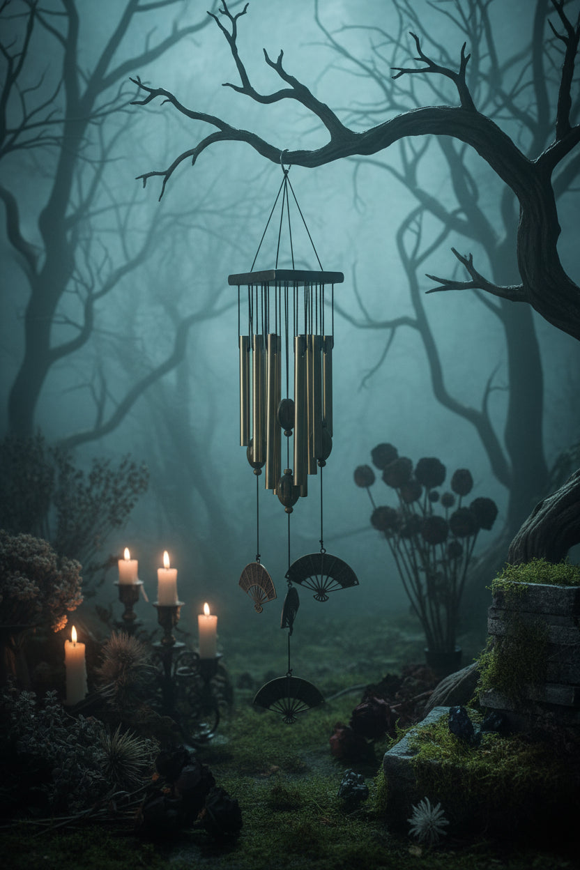 Wind chime with decorative metal fan elements on a gothic forest natural background