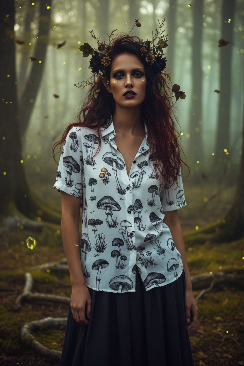 Short-sleeve shirt with mushroom pattern on a hanger against a white background