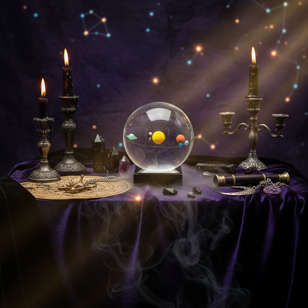Model of the solar system inside a transparent sphere on a black base.