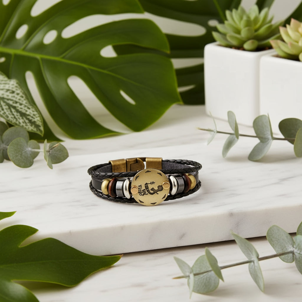 Bracelet with gold and bronze accents on a white background