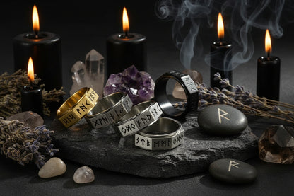 Three rings in gold, silver, and black on a textured dark surface