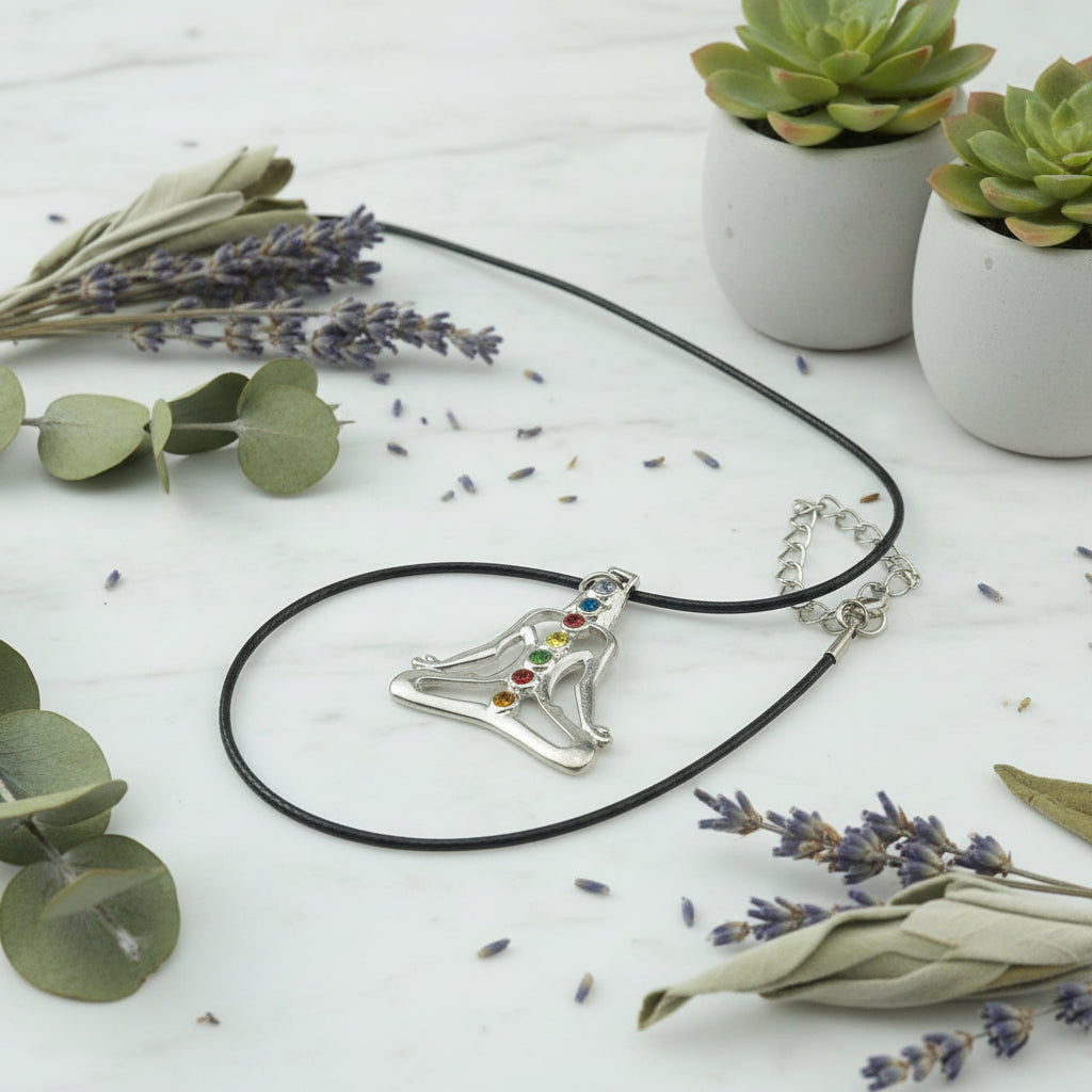 Necklace with a pendant of a person in a meditative pose with colorful stones on a light gray background