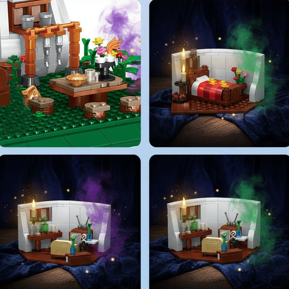 Collage of LEGO models including a kitchen, bedroom, and living room.
