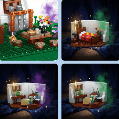 Collage of LEGO models including a kitchen, bedroom, and living room.