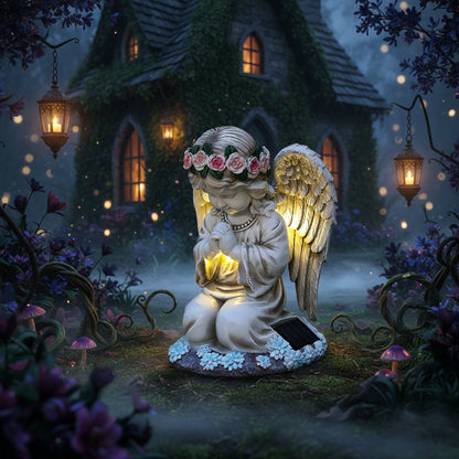 Decorative angel statue with solar light on a garden path