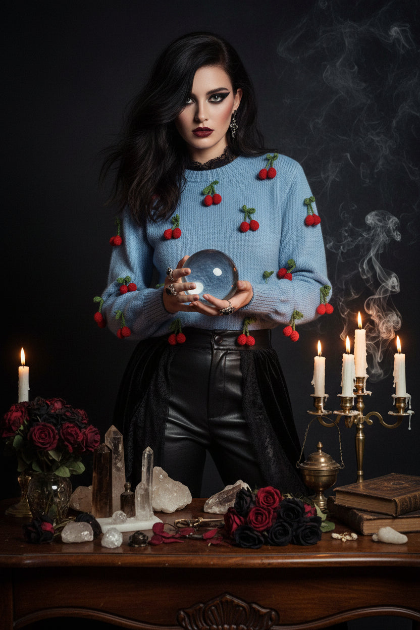 Handmade Crochet Cherry Sweater for Women (Autumn/Winter) Sorceress Sanctuary