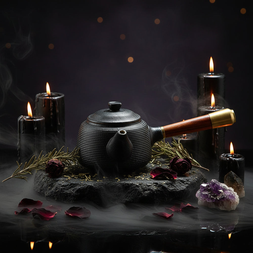 Black teapot with wooden handle on a wooden surface next to an open book