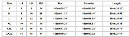 Table displaying size chart for clothing with measurements in US, UK, EU, bust, shoulder, and length.