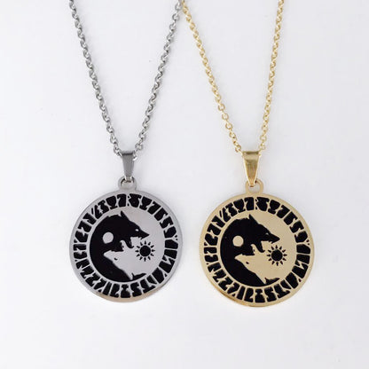 Viking Wolf Head Sun Necklace in Stainless Steel
