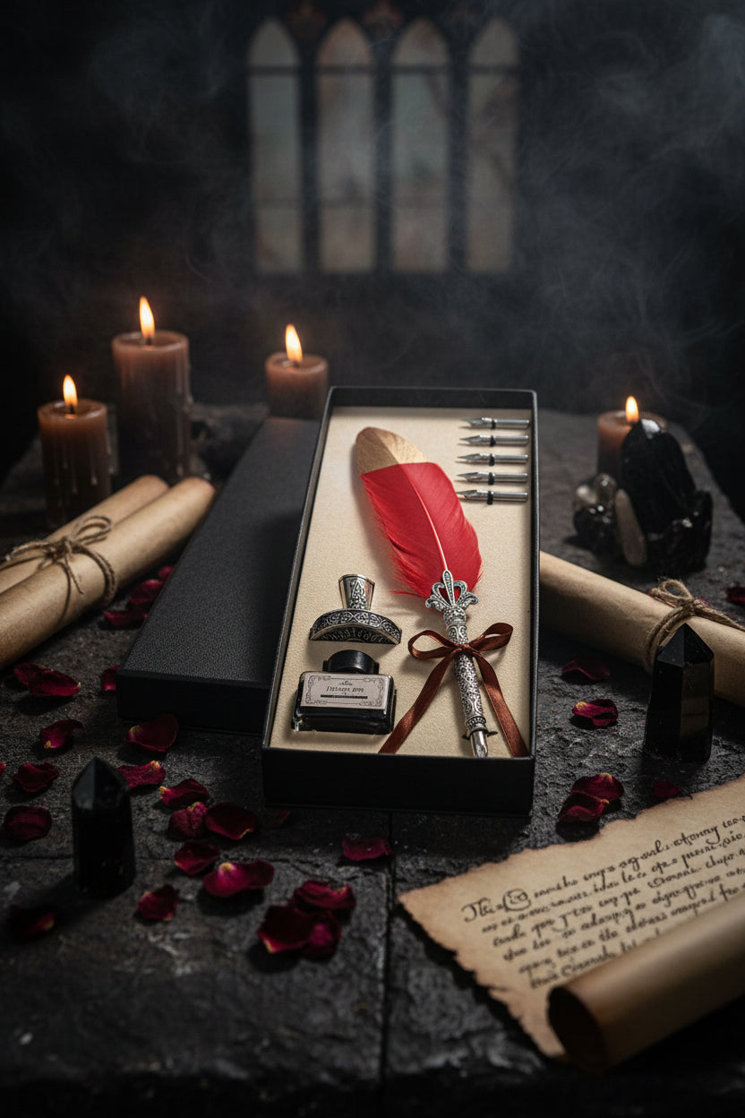 Decorative set with red feather, ink bottle, and quill pen in a box on a wooden surface.