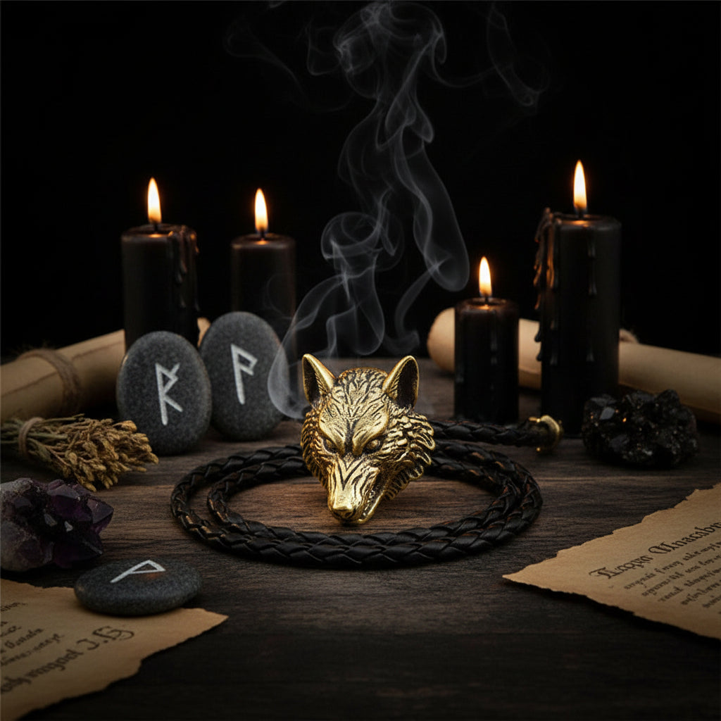 Brass wolf head pendant on a braided black cord against a dark background