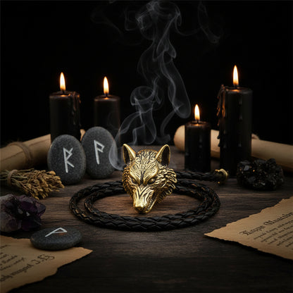 Brass wolf head pendant on a braided black cord against a dark background