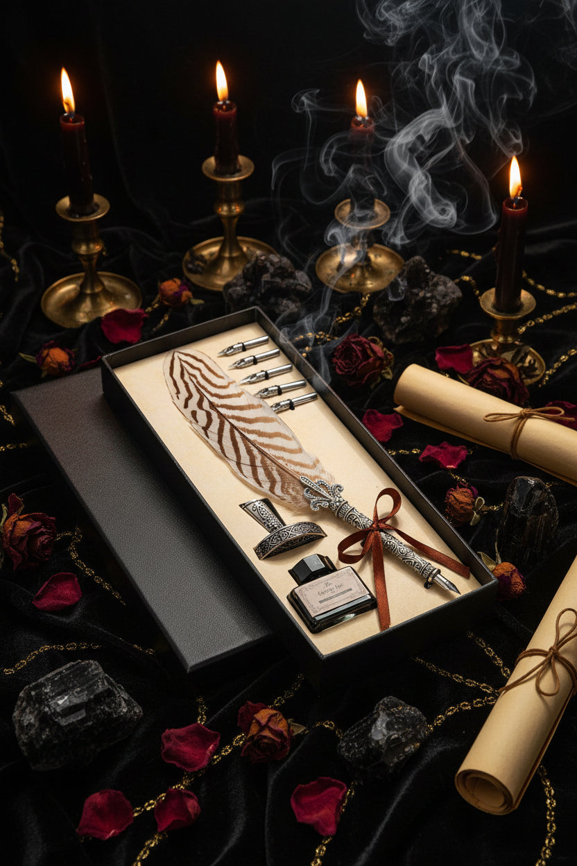 Feather pen set with ink bottle and nibs in a decorative box on a wooden surface.